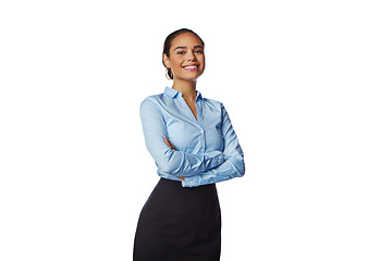 Image showing Happy, portrait and business woman in a studio with a luxury, classy and elegant work outfit. Fashion, smile and female model with corporate, fancy and office clothes isolated by a white background.