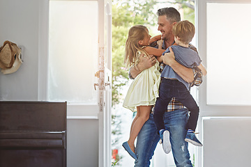 Image showing Family, father and children with hug and fun, love and hello at door with happiness in family home. Happy people, parent and kids with care, lifestyle and wellness with bond and excited together