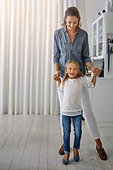 Image showing Playful, happy and portrait of a mother and child with quality time in the living room of a house. Smile, happiness and girl playing with her mom in the lounge of their home together on the weekend