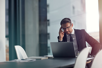 Image showing Laptop, thinking and boardroom with a businessman working on research for future company growth. Computer, idea and innovation with a male employee or manager in his office with review his strategy