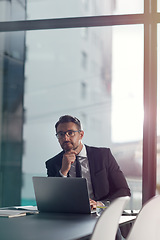 Image showing Portrait, business and man with laptop, trading and fintech for investment, financial growth and management. Male employee, investor and digital schedule for profits, finance and corporate leadership