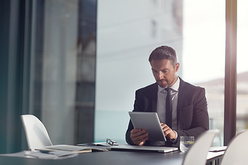 Image showing Tablet, office and business man reading email, working on website and corporate planning. Schedule app, internet and data analytics of a professional worker, boss or executive on digital technology