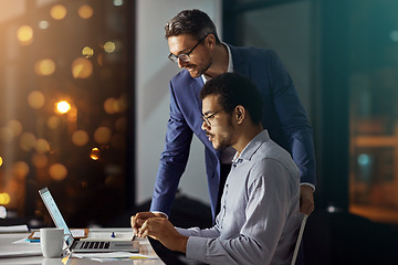 Image showing Team, laptop and collaboration working at night in office for business meeting, planning overtime and report deadline. Business people, late and digital tech conversation or web design teamwork