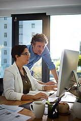 Image showing Business, computer collaboration and talking office worker people with web ux data. Work conversation, business people and corporate marketing employee planning a digital strategy with teamwork