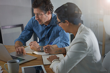 Image showing Team, laptop and planning strategy or writing report note, web research innovation or tech partnership conversation. Diversity, teamwork and analytics business meeting with digital device in office