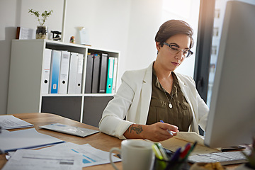 Image showing Notebook, reading or planning and a business woman at work in her office with a mindset of future growth. Research, writing and book with a female employee working at her desk for development