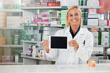 Image showing Tablet screen, pharmacy and pharmacist woman with mockup for medical software, e commerce and online medicine. Digital technology, retail application and portrait of healthcare worker show mock up