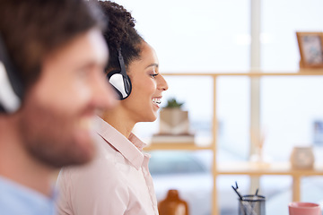 Image showing Call center, happy and woman in telemarketing, customer support and crm business. Contact us, consulting and customer service worker with a smile for technical support, help desk work and web service