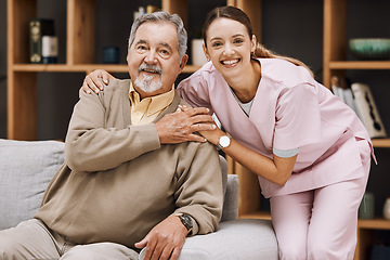 Image showing Healthcare, support and doctor with a senior man for medical attention, consulting and nursing from a house. Trust, hug and portrait of a caregiver with support for an elderly patient in retirement