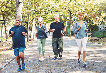 Image showing Fitness, running and senior people in park for healthy lifestyle, body wellness and cardio wellbeing. Sports, retirement and group of elderly men and women workout, exercise and training in nature