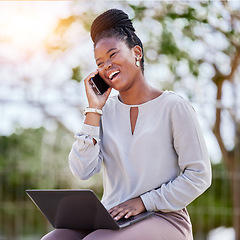 Image showing Black woman, laptop and phone call outdoor for business conversation, creative planning and morning strategy management. African girl, digital tech communication and corporate call in nature park