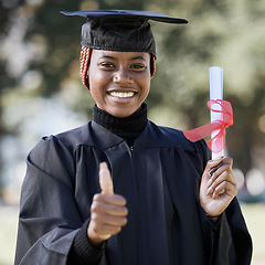 Image showing Portrait, black woman and thumbs up for graduation, education and success with degree. African American female, hand or student with scholarship, graduate and diploma with achievement, goal and smile