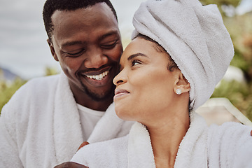 Image showing Spa, wellness and relax with a black couple in a health center or luxury resort for romance and dating. Vitality, rest and relaxation with a man and woman at a resort for a romantic weekend getaway