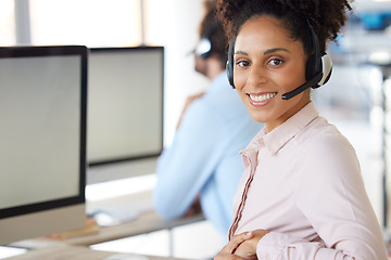 Image showing Call center, computer and portrait of business woman in office for customer service, technical support or consulting. Technology, mockup and website with black woman advisor for help desk agency