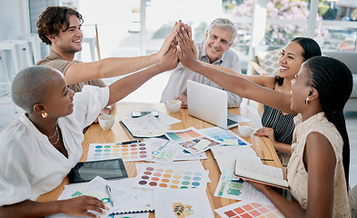 Image showing Designer, teamwork or employees high five for meeting kpi goals, sales target success or group achievement in office. Winners, color or happy creative people with pride, motivation or winning mindset