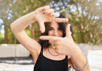 Image showing Creative girl and portrait with hand frame for inspiration, idea and happiness in sunshine at park. Youth, trendy and edgy emo gen z woman with photography gesture in Canada nature for creativity.