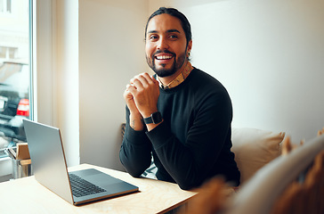 Image showing Portrait smile, startup cafe or man with laptop for social media, networking or blog content review. Manager, happy or coffee shop employee with tech for social network, research or internet app