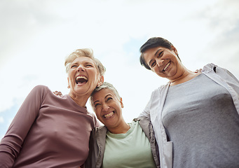 Image showing Senior women, outdoor exercise and laughing for fitness, workout and support on mockup sky background. Low angle, elderly female group and sports friends excited for community wellness and freedom