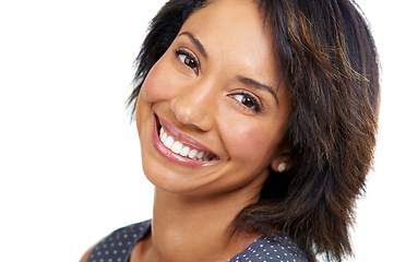 Image showing Smile, makeup and face with woman and beauty portrait, skincare and cosmetic care against white background. Hair, mockup and facial zoom with wellness, dermatology and natural cosmetics with glow