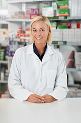 Image showing Pharmacy, smile portrait and medical woman standing ready, confident and proud in pharmaceutical drug store. Doctor, medic professional and healthcare happiness for wellness or pharmacist medicine