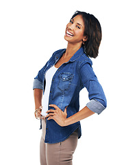 Image showing Portrait, black woman and laughing with smile, confident and girl isolated on white studio background. Fashion, African American female and lady with confidence, laugh or happiness with casual outfit