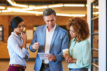 Image showing Business team, planning and discussion of notes on paper for collaboration, teamwork and diversity. Women and manager man talking, reading and brainstorming corporate ideas, strategy or analysis