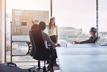 Image showing Startup, business meeting and woman at white board in office for creative brainstorming corporate workshop. Strategy, planning our vision and team of women and men in marketing meeting presentation.