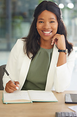 Image showing Writing, portrait and business black woman with notebook at her office desk for Human Resources planning, strategy and time management. Schedule, planner and african corporate worker with hr ideas