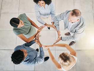 Image showing Top view, business people or circle hands in collaboration, diversity team building or financial growth support. Men, women or workers solidarity gesture, teamwork mission or finance goals motivation