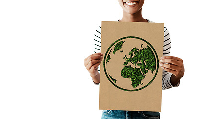 Image showing Woman, climate change or cardboard world poster on white background or studio mockup for global warming, earth day or sustainability. Smile, happy or volunteer and environment sign for growth support