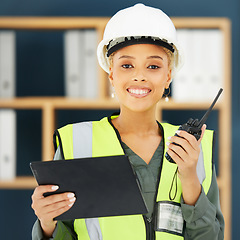 Image showing Construction, walkie talkie and portrait of black woman with tablet for engineering, building and architecture. Leadership, vision and female construction worker with digital tech for communication