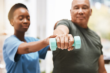 Image showing Medical, training and physiotherapy with dumbbell and old man with nurse for rehabilitation, support and retirement. Healthcare, help and physical therapy with patient and black woman in nursing home