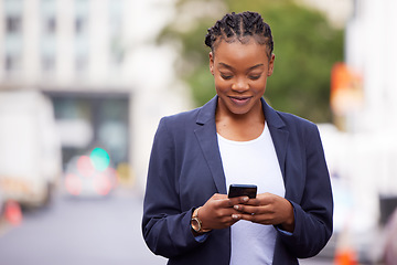 Image showing Black woman, phone and app communication on travel commute with online networking and social media check. Corporate worker on mobile internet break reading news with happy smile in urban town.