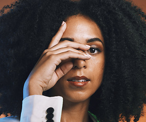 Image showing Black woman, face and hand with beauty portrait zoom, skin and manicure with hair, natural cosmetics closeup. Microblading, lashes and lipstick with skincare, makeup and cosmetic care with hair care