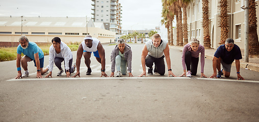 Image showing Start, fitness or people in a city marathon race with performance goals in workout or runners exercise. Motivation, focus or healthy group of senior athletes ready for running contest on street road