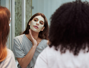 Image showing Women, bathroom skincare or face mask bonding in house, home and hotel spa wellness, girls hospitality or healthcare grooming. Friends, people or beauty facial product for wellness cleaning in mirror