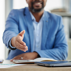 Image showing Handshake, hand for hiring with human resources and businessman, manager with onboarding and welcome to company. Partnership, agreement and deal with corporate hr, recruitment and professional desk