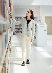 Image showing Woman, student and search in library for book choice, knowledge or learning at bookstore for education. Female looking at bookshelf in study for decision, thinking or choosing thesis for scholarship