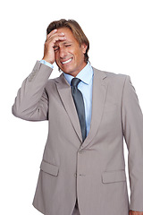 Image showing Business man, headache with pain and corporate burnout, ceo and executive isolated against white background. Professional, mistake or problem with mental health, fatigue with crisis and job stress