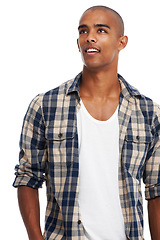 Image showing Fashion, style and black man thinking on a white background with trendy, stylish and casual clothes. Mindset, inspiration and handsome male fashion model isolated in studio with confident attitude