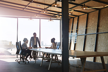 Image showing Startup, teamwork and business meeting in office for creative brainstorming and corporate workshop. Strategy, planning our vision and team of women and men in marketing meeting room of modern office.