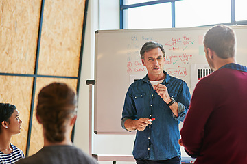 Image showing Presentation, coaching and business man training employees for strategy, planning and workshop. Startup, business growth and mentor, manager or boss speaking to staff or worker of ideas on whiteboard