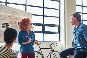 Image showing Marketing, planning and employees brainstorming in a meeting for a strategy, goal and idea. Presentation, teamwork and creative woman in a workshop with a team writing sales ideas on a whiteboard