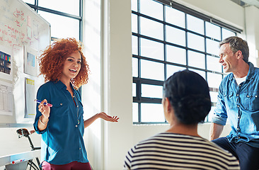 Image showing Presentation, training and business woman with a collaboration for a strategy, goal and idea. Meeting, teamwork and creative boss in a workshop with a team writing sales ideas on a whiteboard