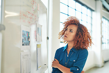 Image showing Black woman, thinking and planning idea on whiteboard in office for creative design, strategy management or planning. African female designer, goals vision and presentation review or analytics data