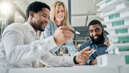 Image showing Team, engineer and building model for construction, office and collaboration. Architecture, staff or teamwork for project prototype, brainstorming and meeting for planning, conversation or consulting