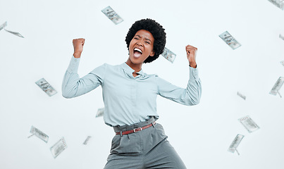 Image showing Money win, success and black woman excited about finance freedom, investment and salary on a white studio background. Accounting, happy and portrait of a business employee in celebration of cash