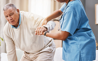 Image showing Senior man, nurse and learning to walk, physiotherapy and help for balance in home living room. Physiotherapist, elderly patient and rehabilitation for walking, healthcare or wellness for strong legs