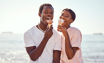 Image showing Portrait, black couple and ice cream on beach, love and bonding together on vacation. Romance, man and woman with cold desserts, seaside holiday and loving for relationship, break or weekend to relax