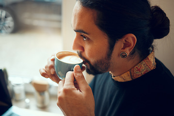 Image showing Startup employee, cafe or man drinking coffee in restaurant thinking during lunch, coffee break or breakfast. Focus face, serious or zoom man in modern Brazil coffee shop with blurred background